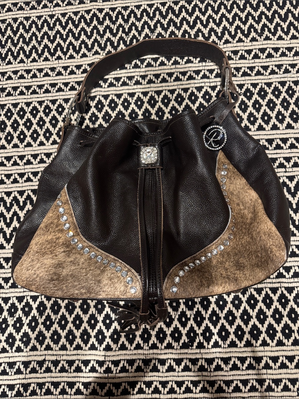 Raviani Black and Tan Leather Tote with Stud and Tassel Detail